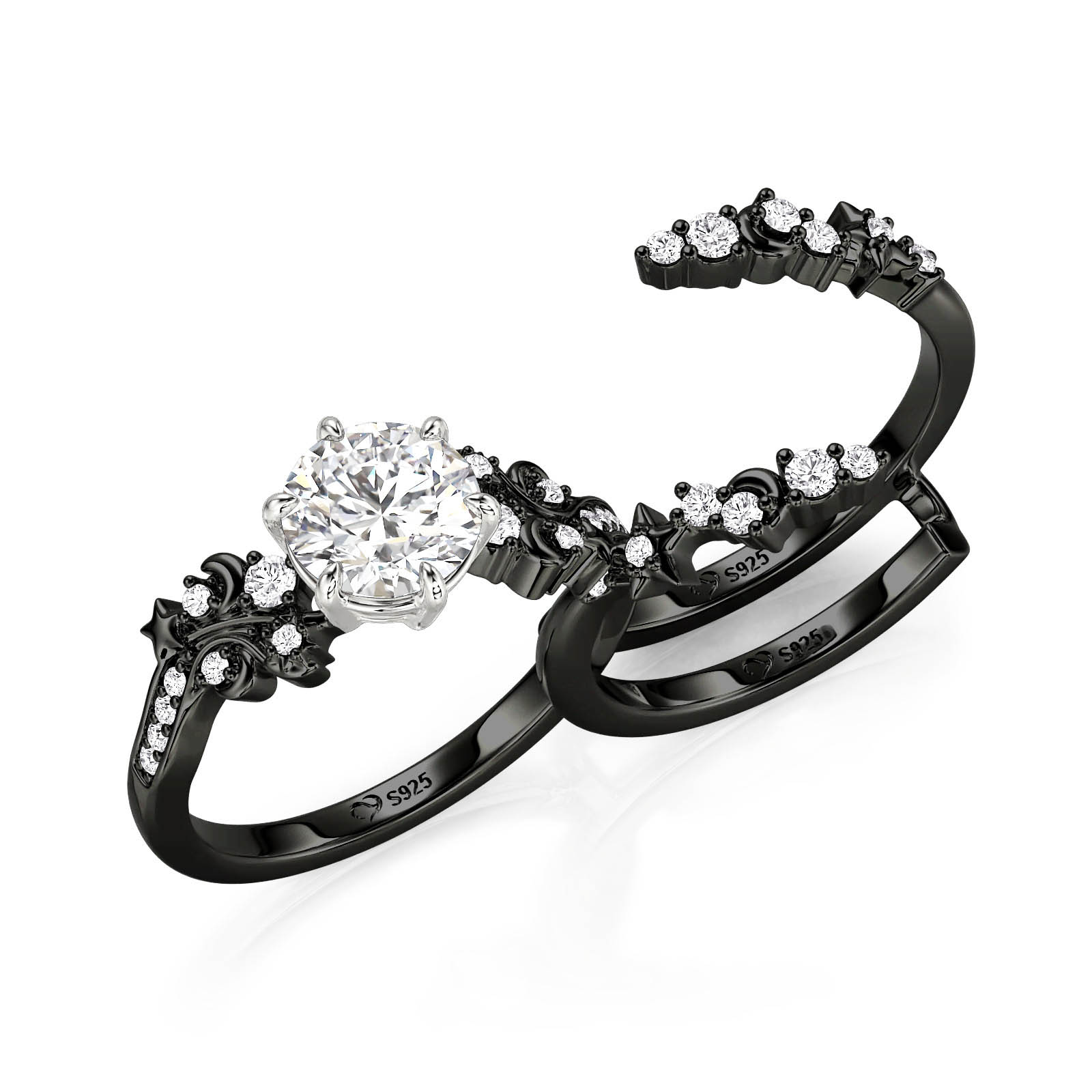 Et maison Luna Astra Black Bypass Moon and Star Ring Set