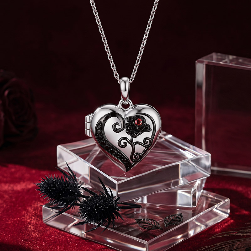 Et maison Custom Gothic Thorn Rose Heart Photo Locket Necklace
