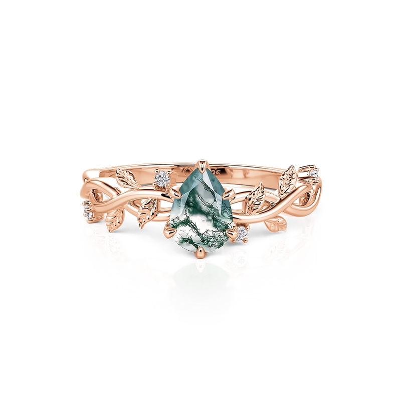 Et maison Pear Cut Rose Gold Moss Agate Engagement Ring with Vine Leaf