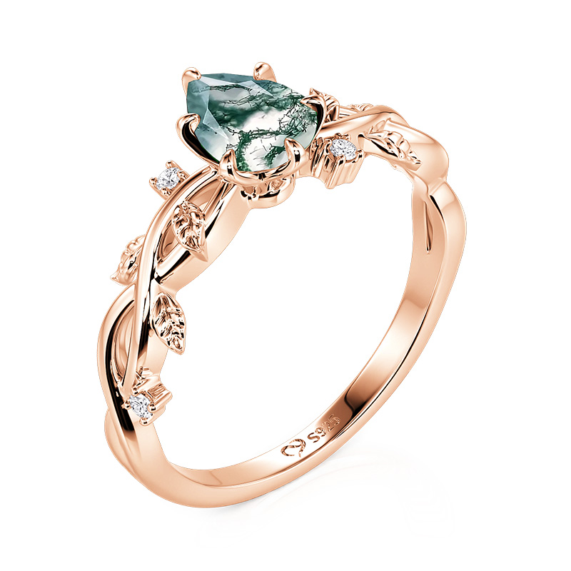 Et maison Pear Cut Rose Gold Moss Agate Engagement Ring with Vine Leaf