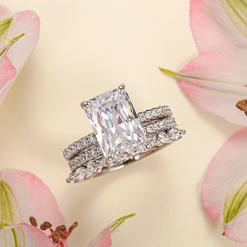 Et maison Solitaire Radiant Cut Engagement Ring Set 3PCS Sterling Silver