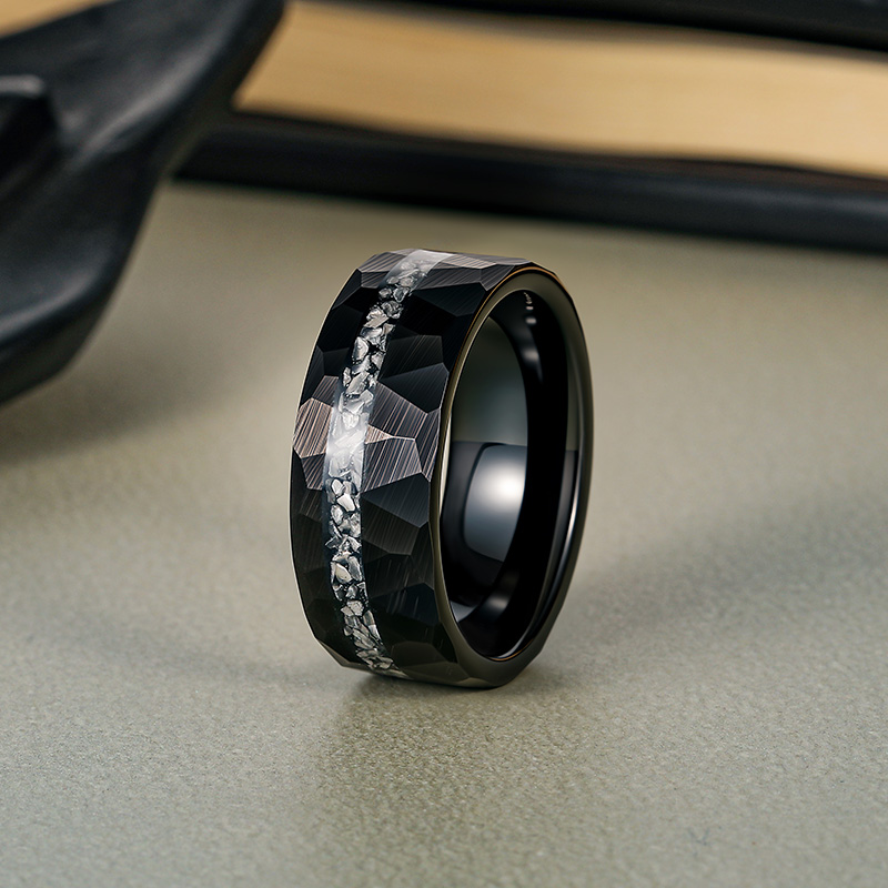 Et maison Irregular Hammered Black Tungsten Ring for Men