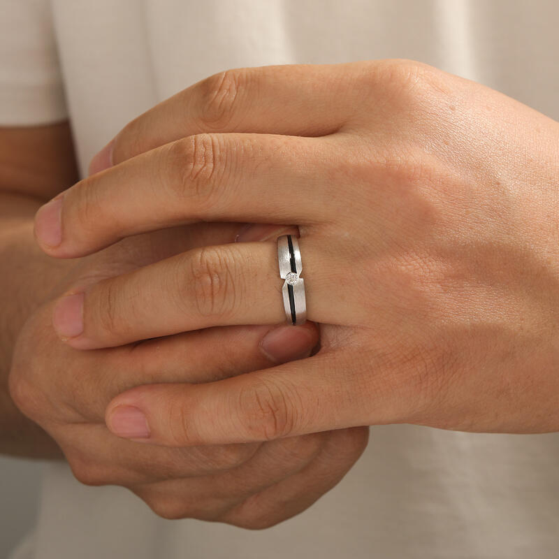 Et maison Two Tone Brushed Round Solitaire Ring for Men
