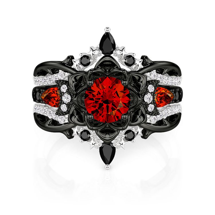 Et maison Sacred Lotus Ring Set with Moon Star Motifs in Black