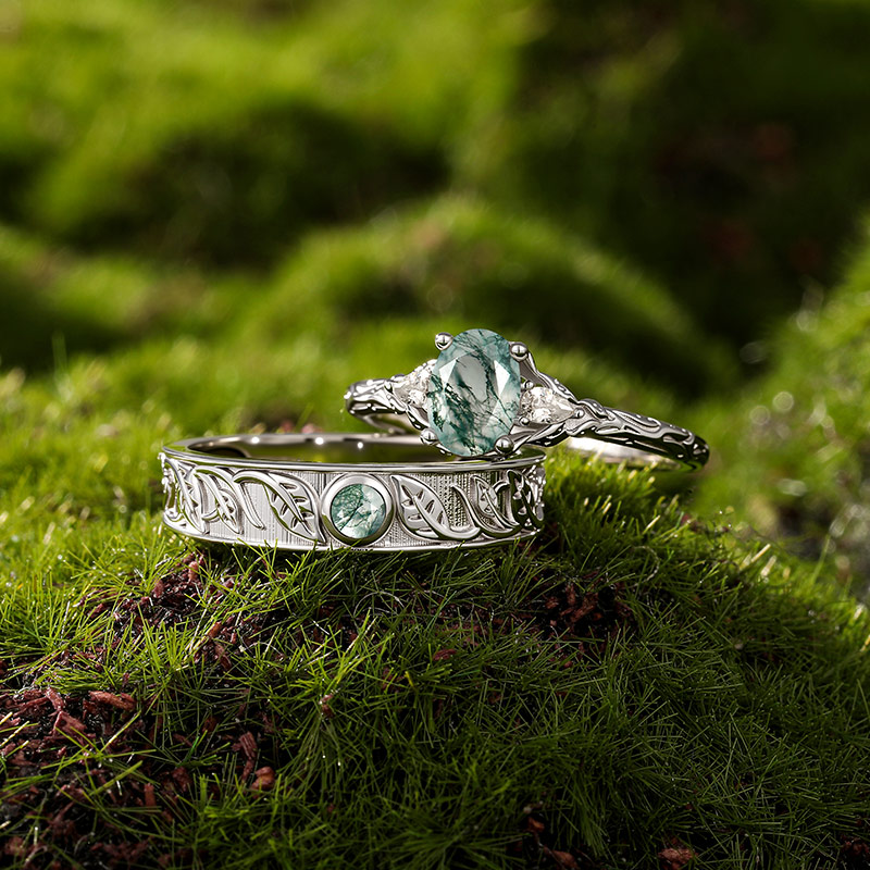 Et maison Nature Inspired Moss Agate Couple Rings Set
