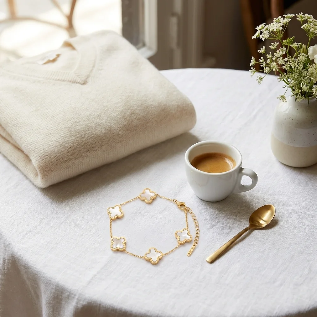 Weißes vierblättriges Kleeblatt goldenes vielseitiges Ins-Stil-Mode-Handaccessoire